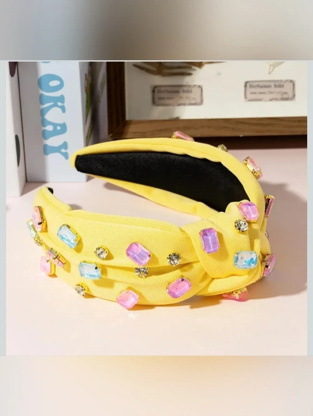 Boutique Frosted Gemstone Jeweled Top Knot Headband - Yellow